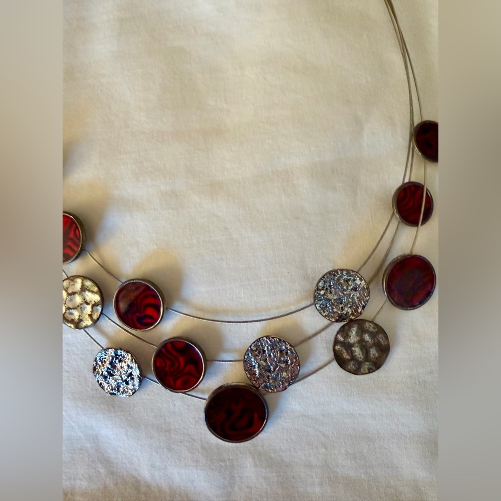 Chico’s Three Layer Red and Silver Statement Necklace - Picture 2 of 3